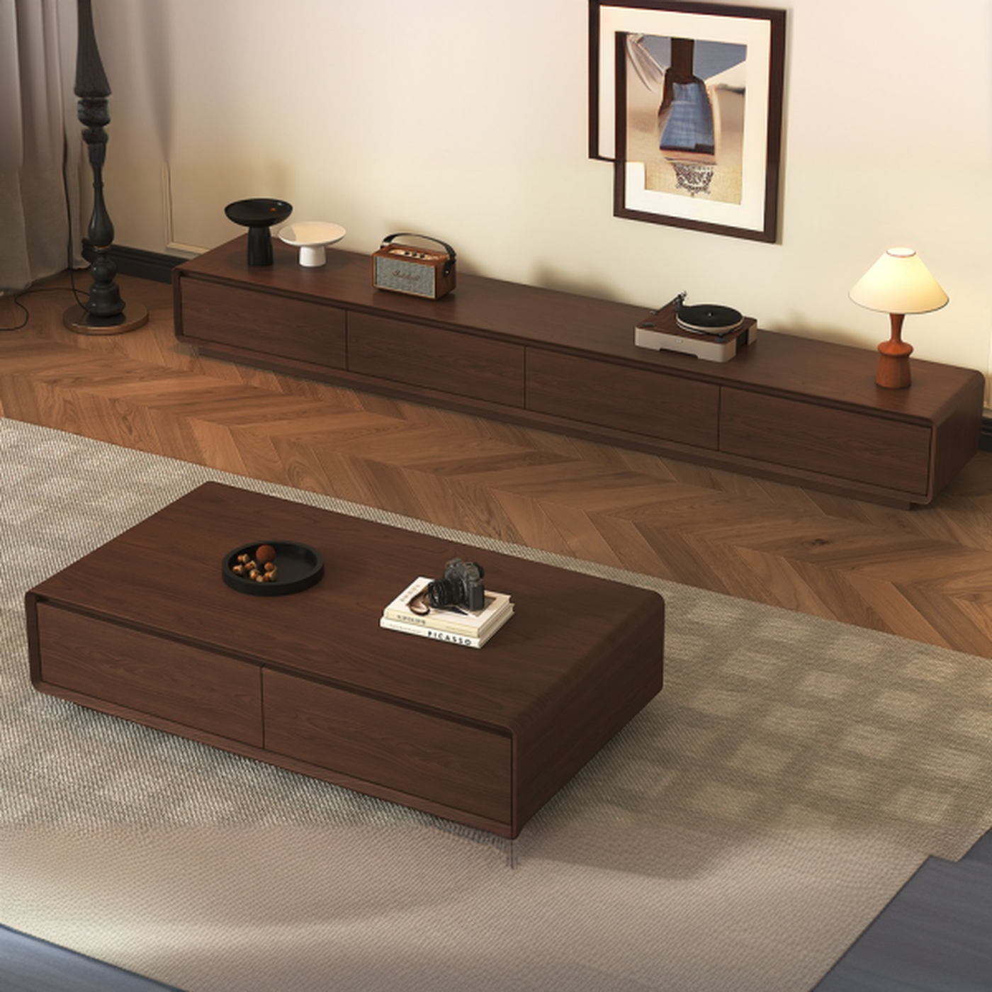 Mid-Century Modern Natural Wood TV Stand with Shelf, 2-Drawer, Hutch, and Cable Management - image 3