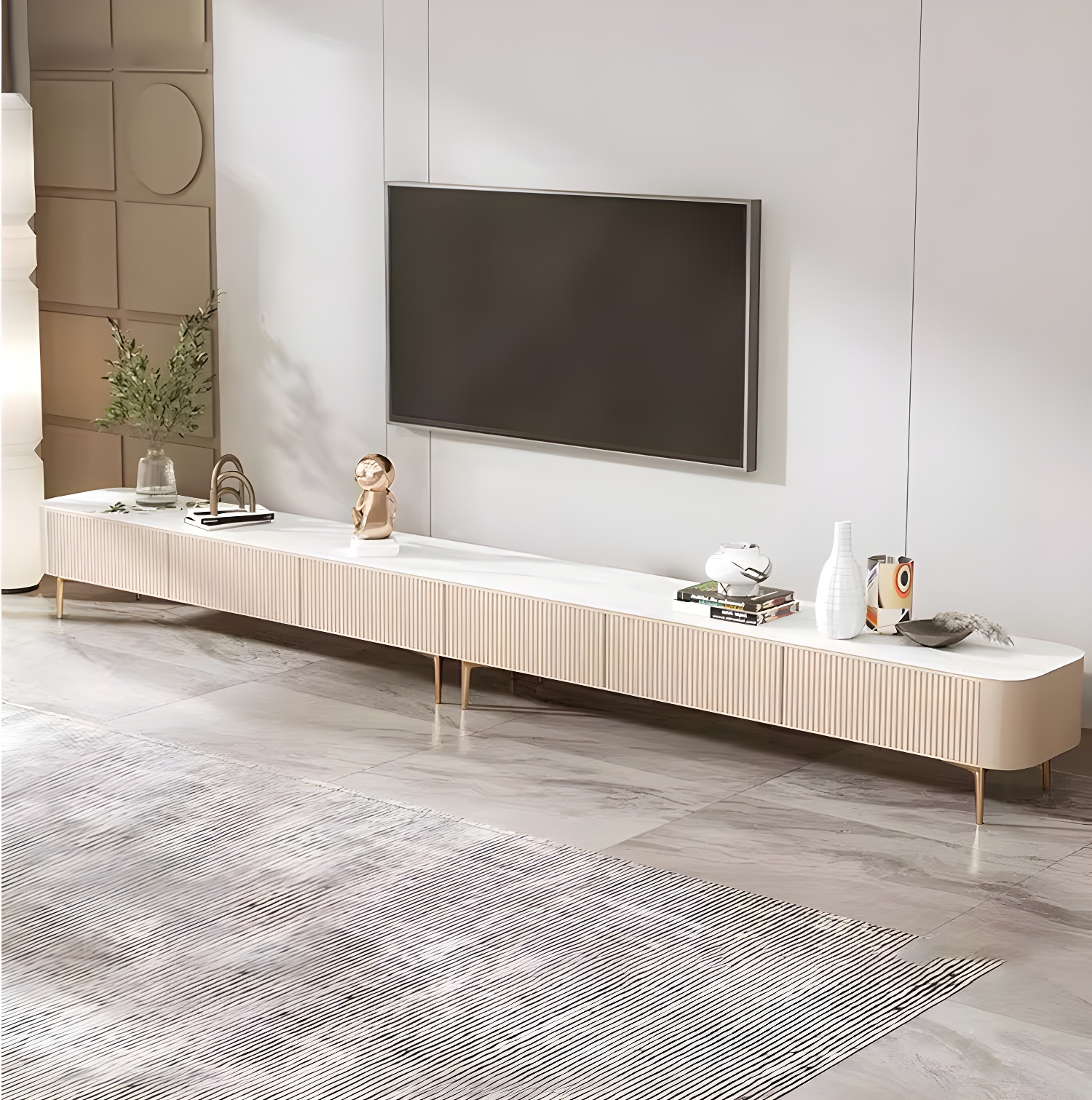 White Modern TV Stand with Low Height, Stone Material & Drawers for Full Assembly - image 10