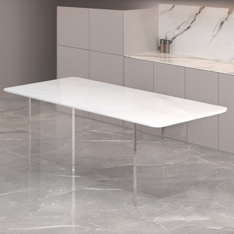 Dining Table Set with Rectangular White Slate Stone Top, Two-sided Pedestal Base, and Padded Chair with Back