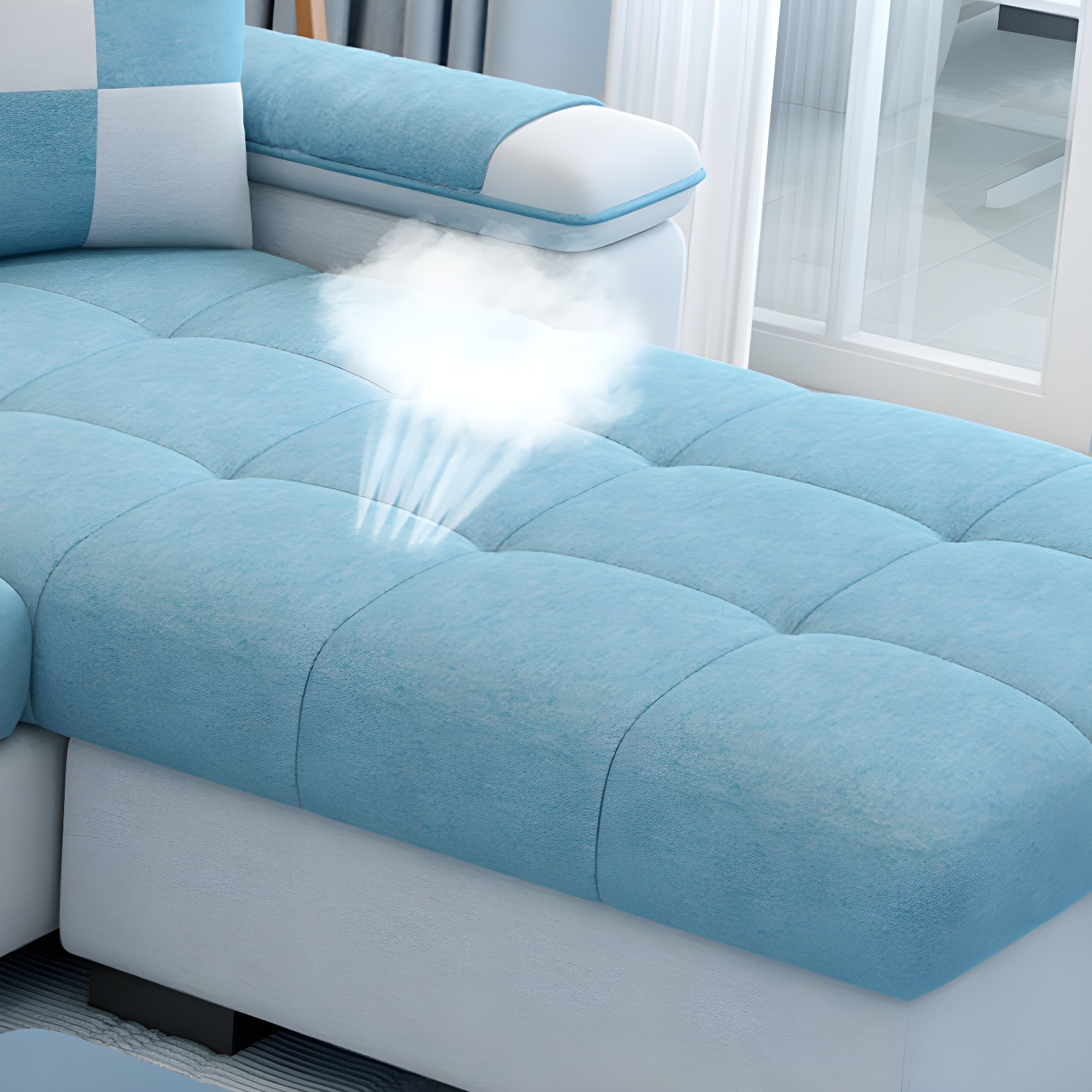 Modern Reversible Straight Sectional Sofa with Ottoman in Linen Upholstery, Sloped Arms - image 18