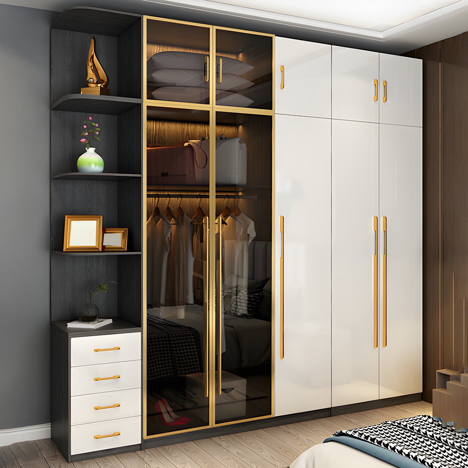 Modern Tempered Glass Doors Wardrobe Wood Frame Wardrobe without Light - image 4
