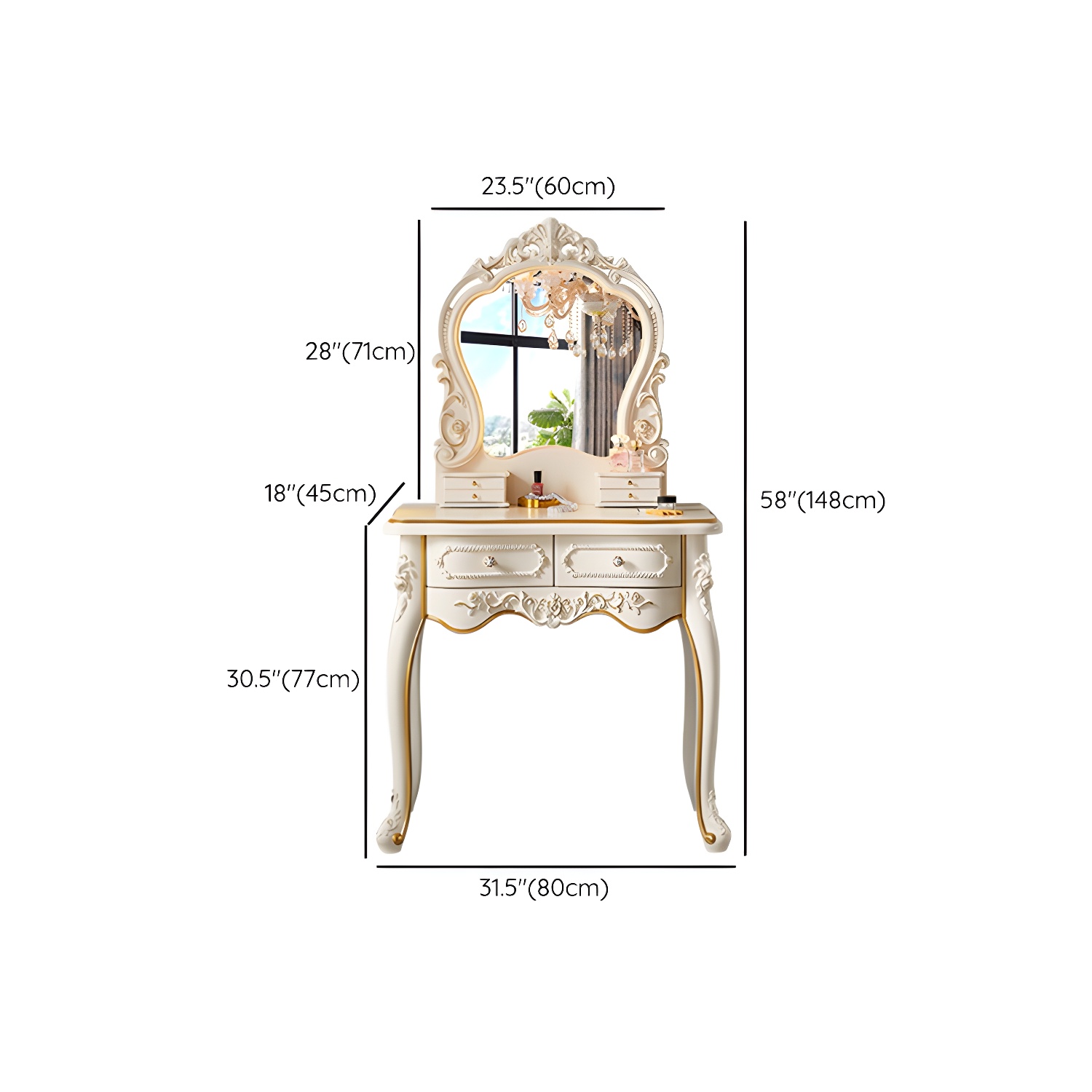 White Victorian Wood Vanity Dressing Table with Drawers Mirrored Makeup Vanity - image 15