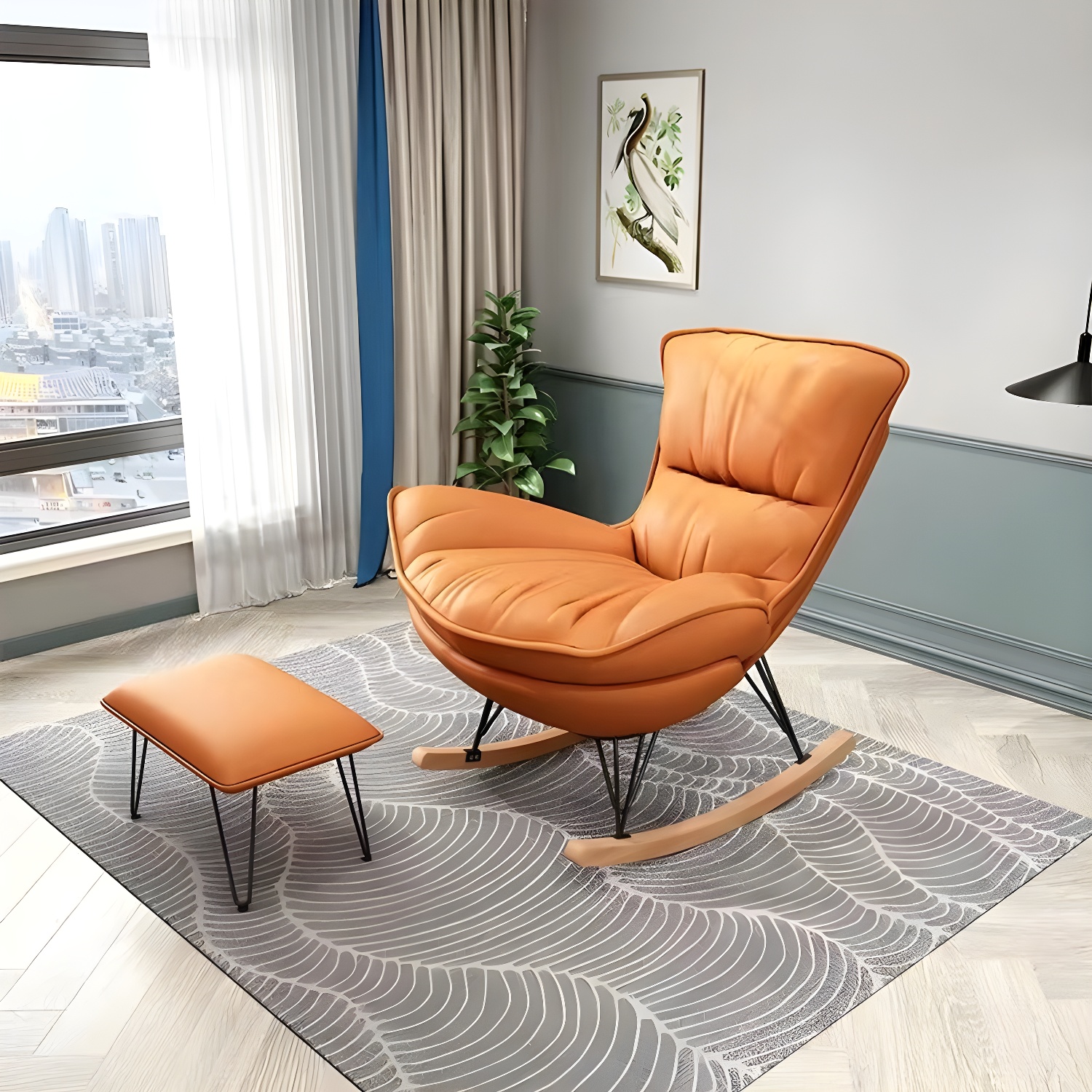 Modern Glider Chair Solid Pure Color Faux Leather Rocker Chair with Ottoman - image 6