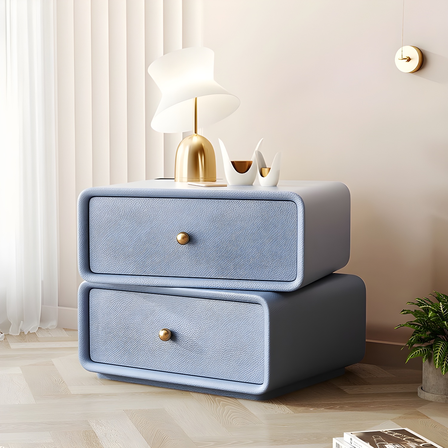 Modern Wood Nightstand with 2 Drawers - Faux Leather Countertop - Small and Stylish