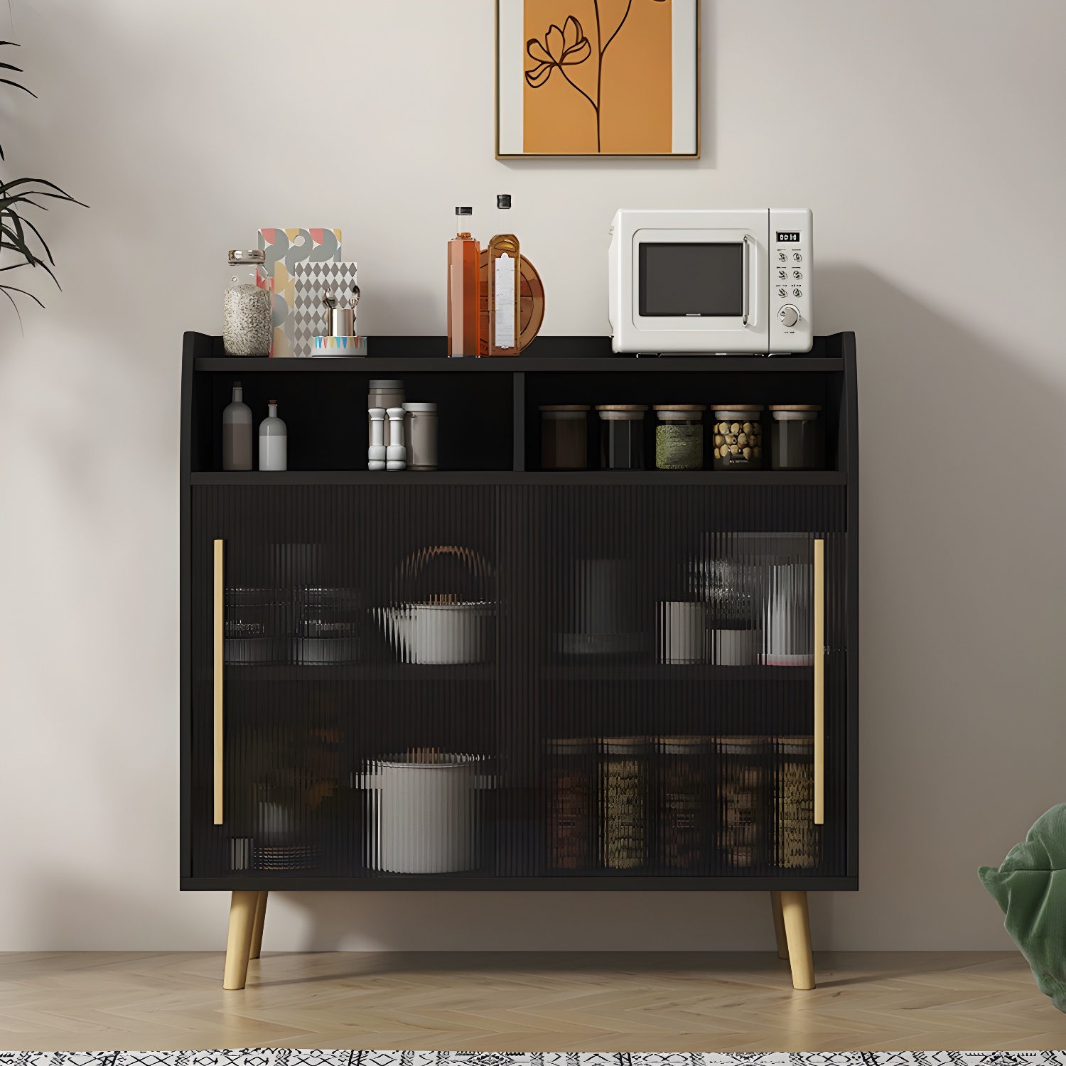 Scandinavian Wood Sideboard Credenza with Acrylic Doors and Cabinet Storage
