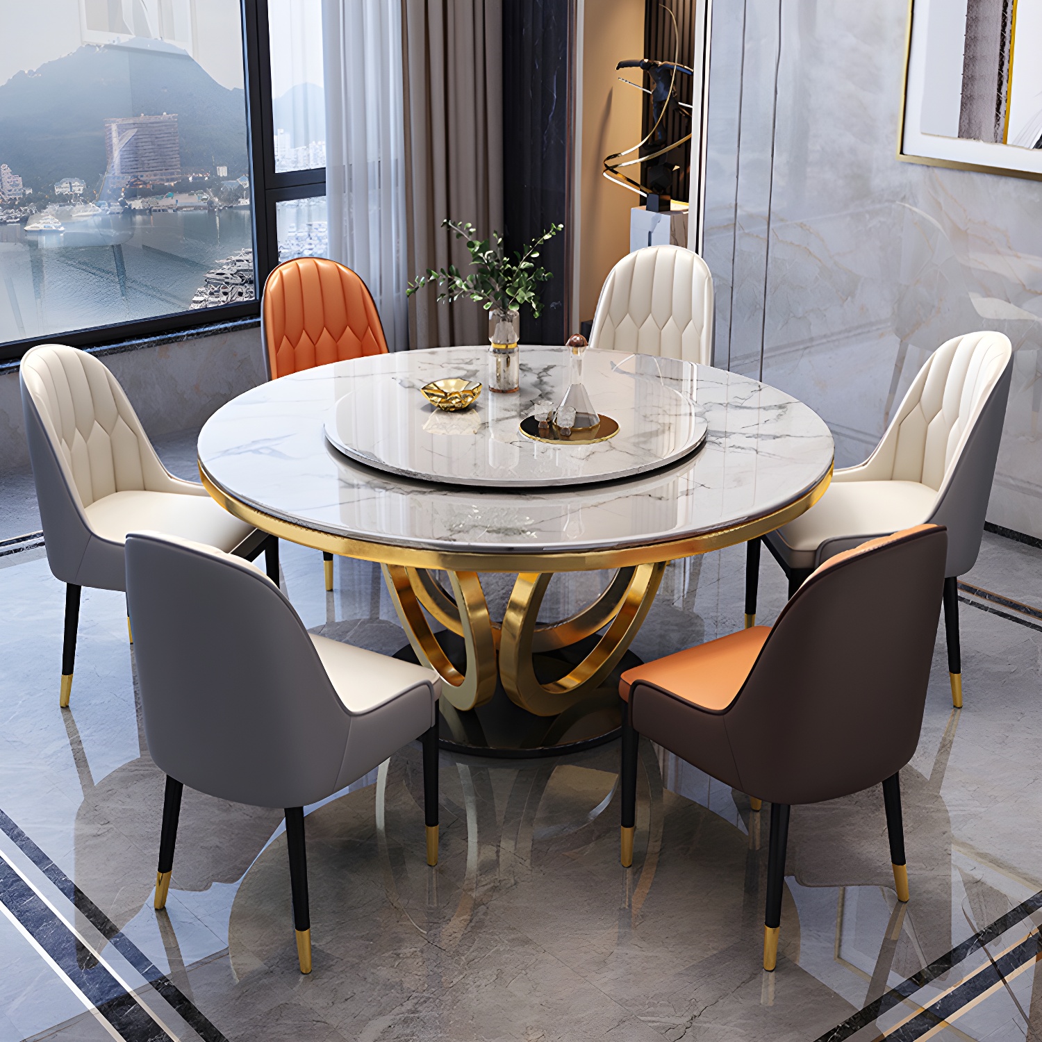 Glamorous Round Marble Dining Set with Gold Metal Pedestal Base and Upholstered White Chairs - image 2