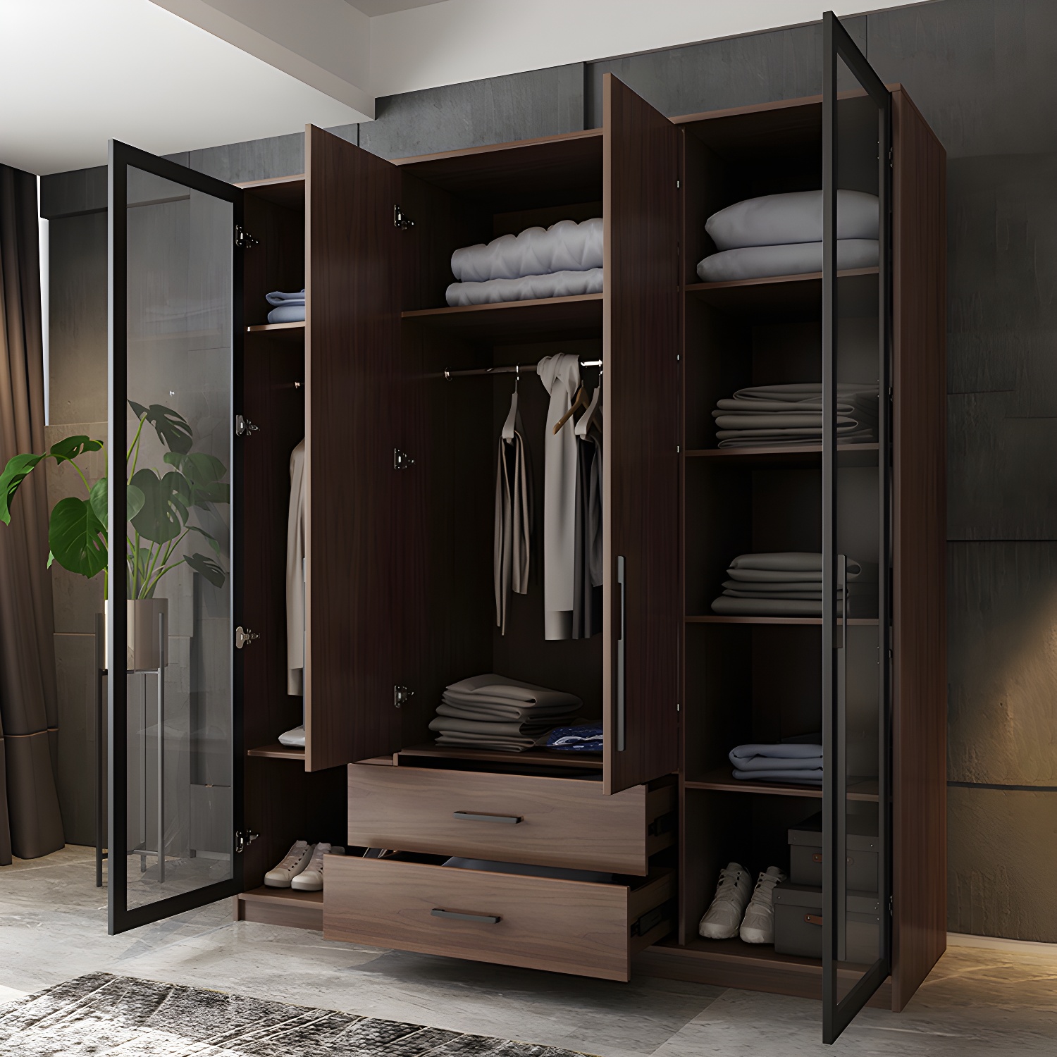 Brown Wood Wardrobe Armoire Modern Freestanding Wardrobe with Self Close Drawers - image 10