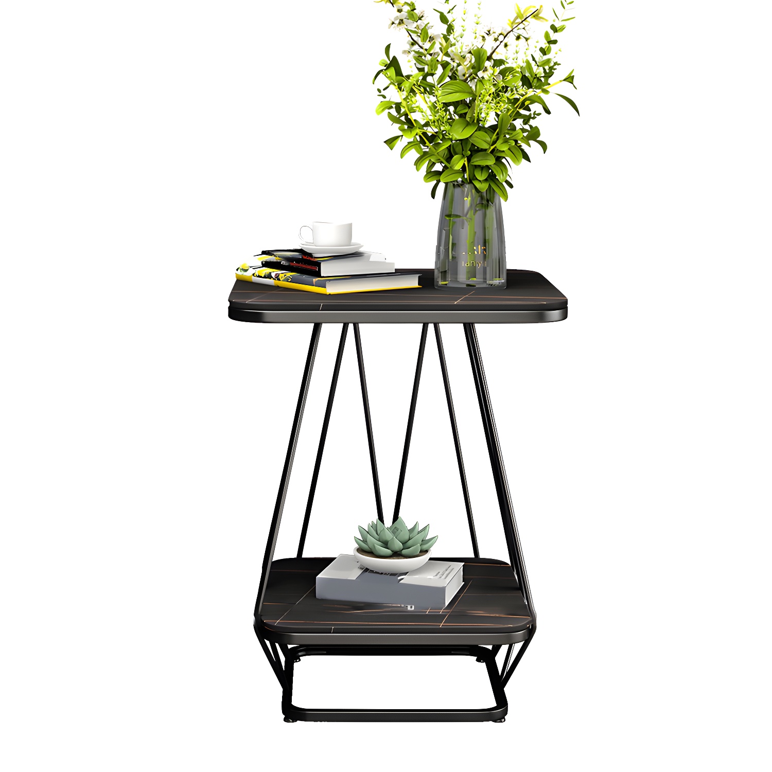 Glam Metal Night Table Stone Top 24'' Tall Open Storage Nightstand with Legs