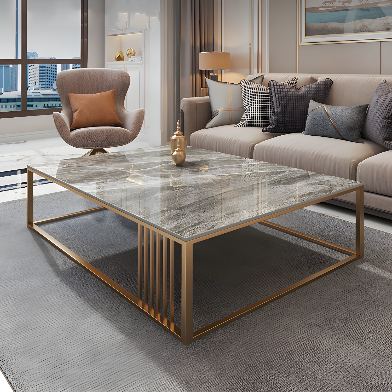 Glam Style Gold Iron Frame Coffee Table Gray Slate Table Top Coffee