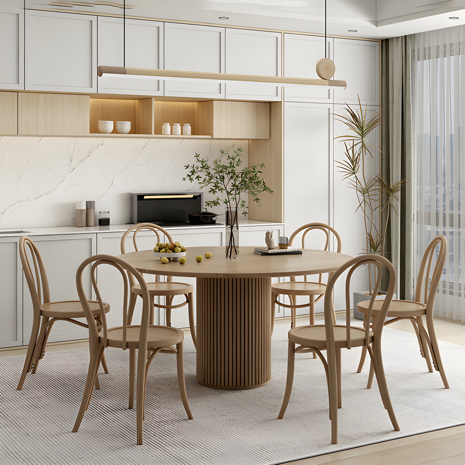 Modern Round Dining Table Pine Solid Wood Pedestal Dining Table in Natural - image 4