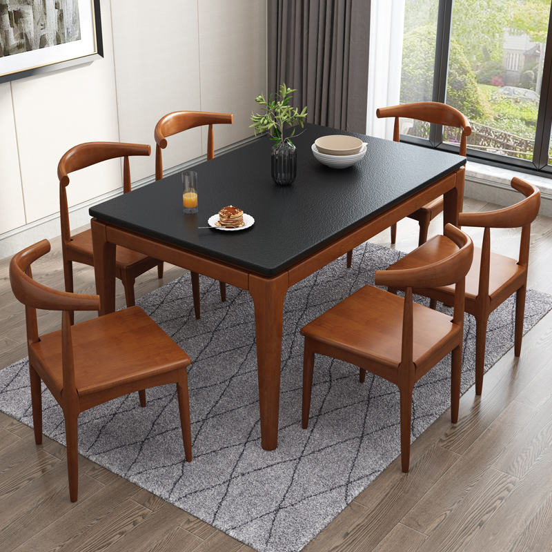 Scandinavian Rectangular Sintered Stone Dining Table Set with Four Legs Fixed Table for 4/2 People in Ink/Chalk