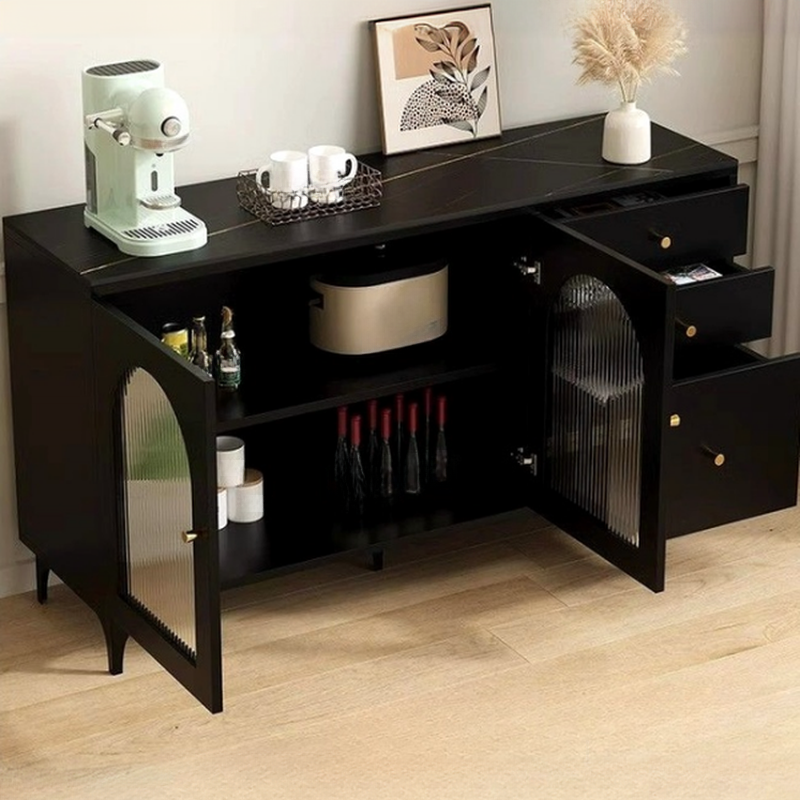 Narrow/Standard Coal Sideboard in Wood with Hutch, Glass Doors and Flexible Shelf in a Modern Style, 3 Drawers Included/Not Included