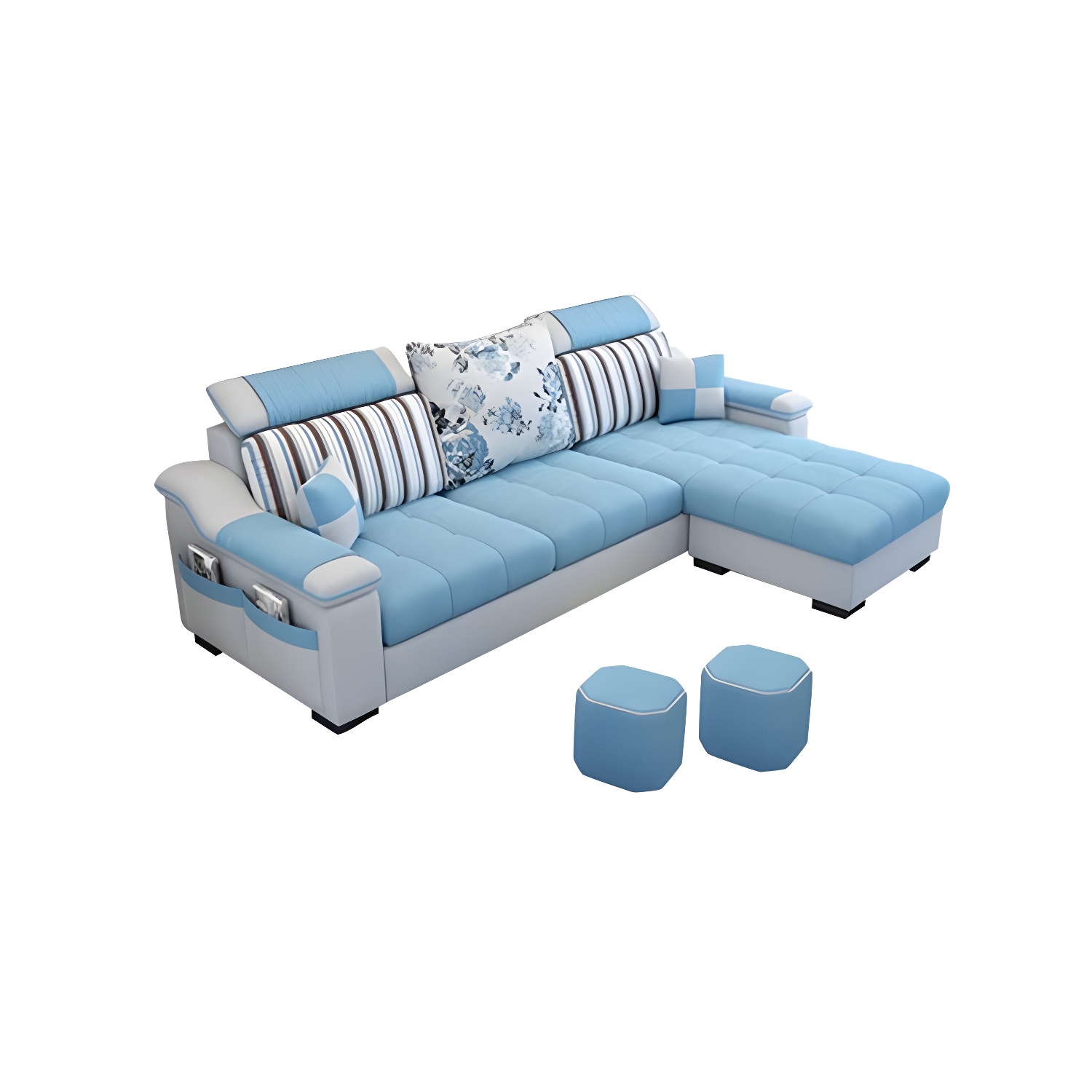 Modern Reversible Straight Sectional Sofa with Ottoman in Linen Upholstery, Sloped Arms - image 9