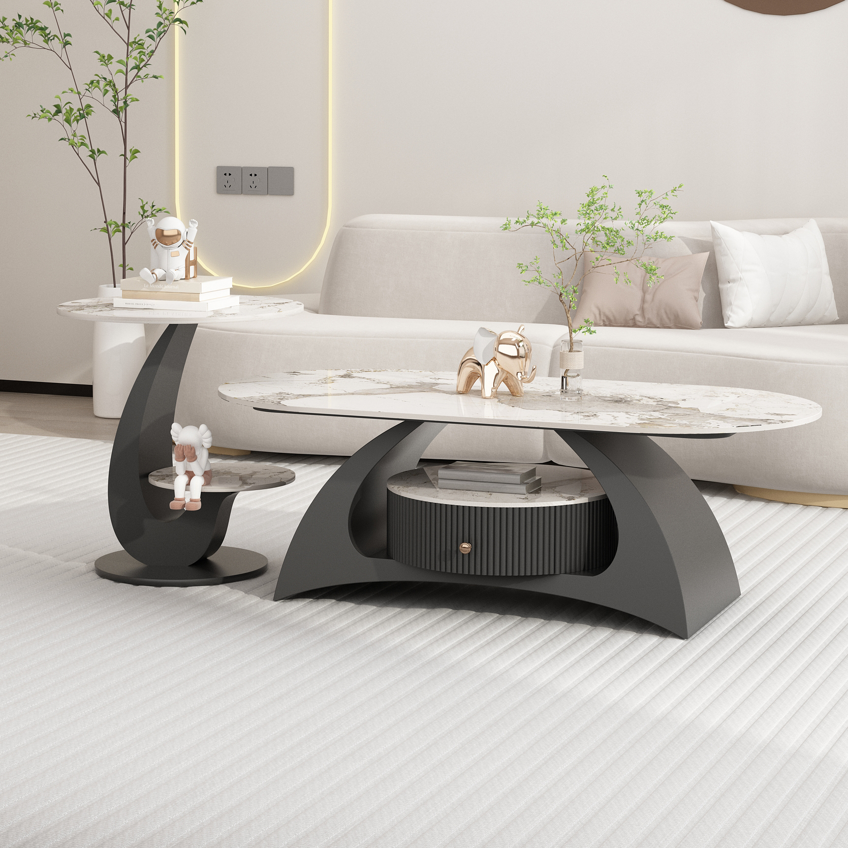 Mission Style Single/Bunching Slate Top Abstract Base White Oval Board Game Coffee Table with 1 Drawer - image 3