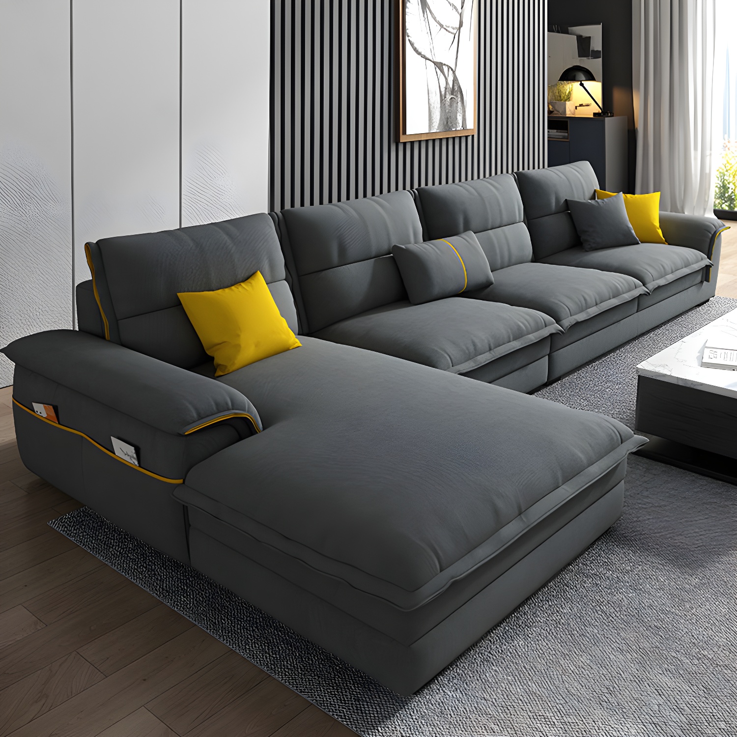 Modern Gray Cotton and Linen Sectional Sofa with Wood Frame and Storage Included