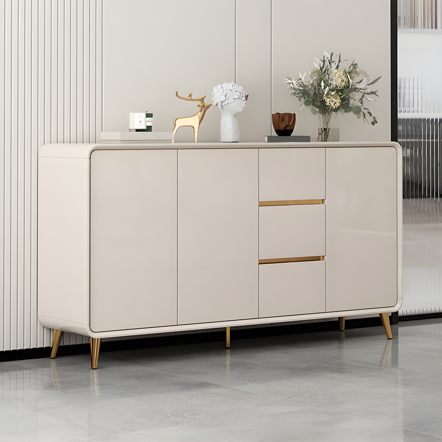 White Glam Sideboard Credenza with Adjustable Shelving and 3 Drawers