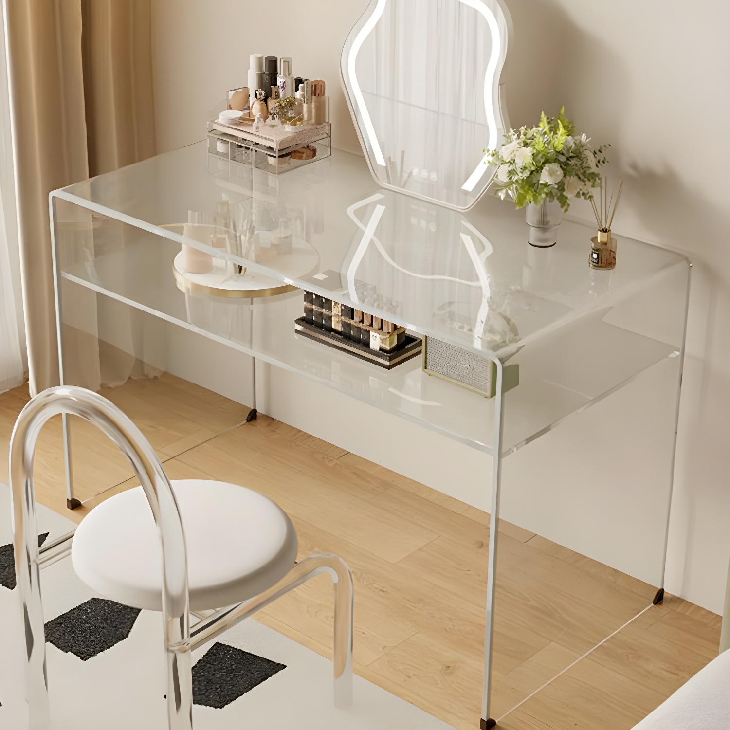 Transparent Glass Rectangular Dressing Table Double Base with Partition