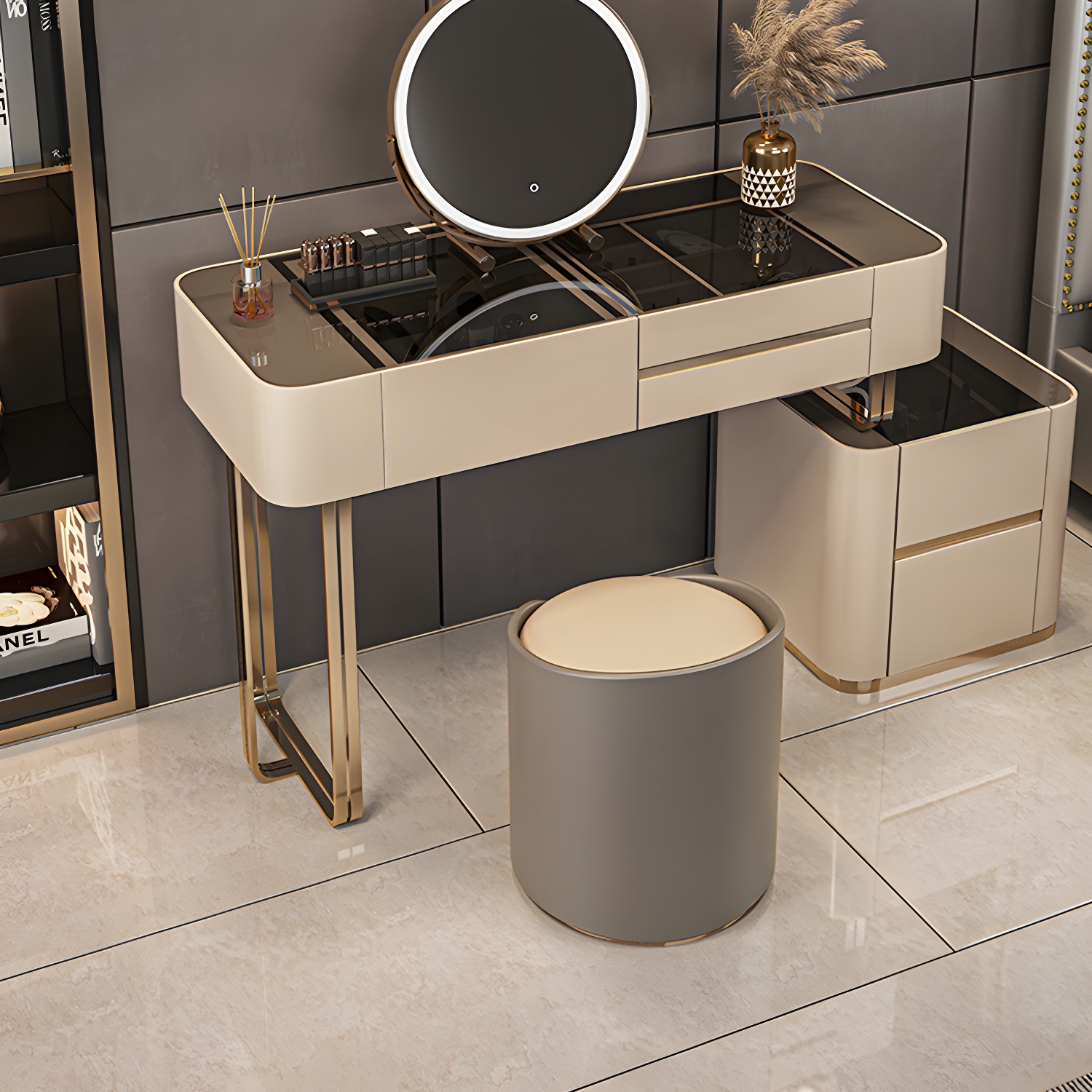 Luxurious Wood and Metal Make-up Vanity 5 Drawers & Lighted Mirror Dressing Table