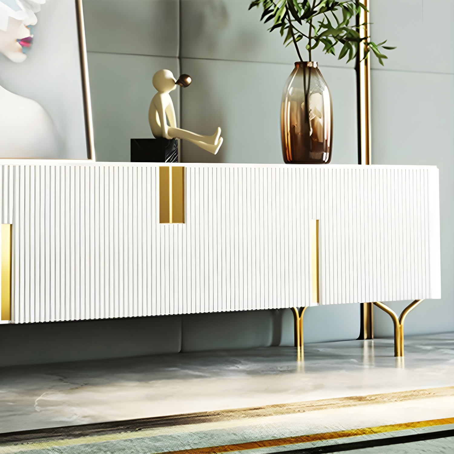 Enclosed Storage TV Stand Console Stone TV Media Console with Legs - image 9