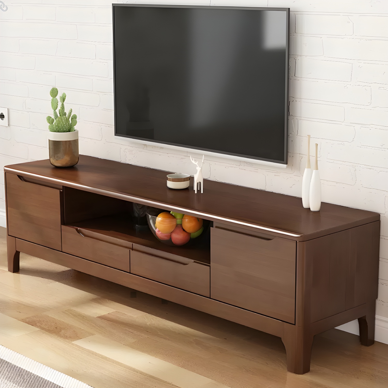 Scandinavian with Drawers Rubberwood with Cabinet TV Media Console - image 4