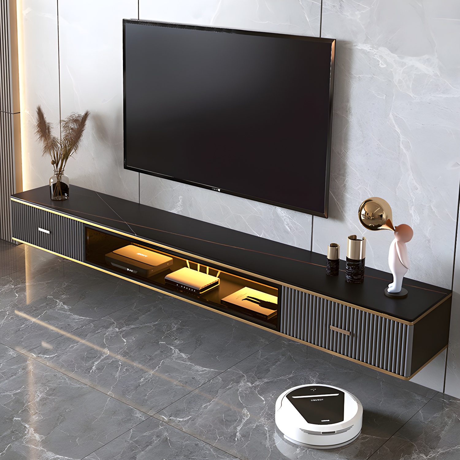 2 Drawers Contemporary TV Stand Stone Wall-mounted TV Cabinet - image 13
