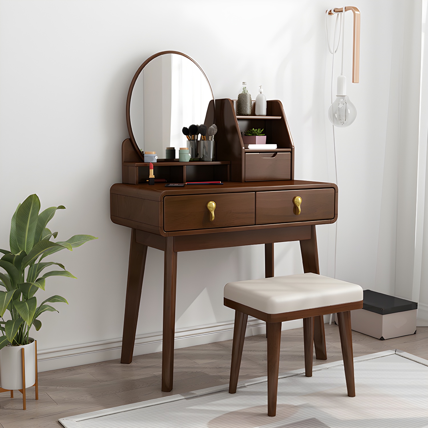 Scandinavian 3-Drawer Dressing Table Solid Wood Vanity Makeup Table Set - image 6