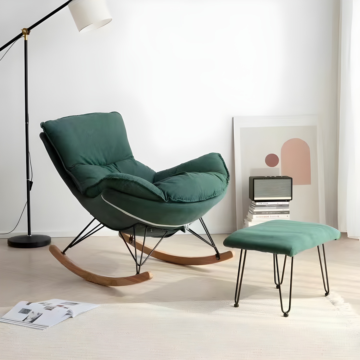 Contemporary Indoor Rocking Chair with Sled Legs and Spindle Back