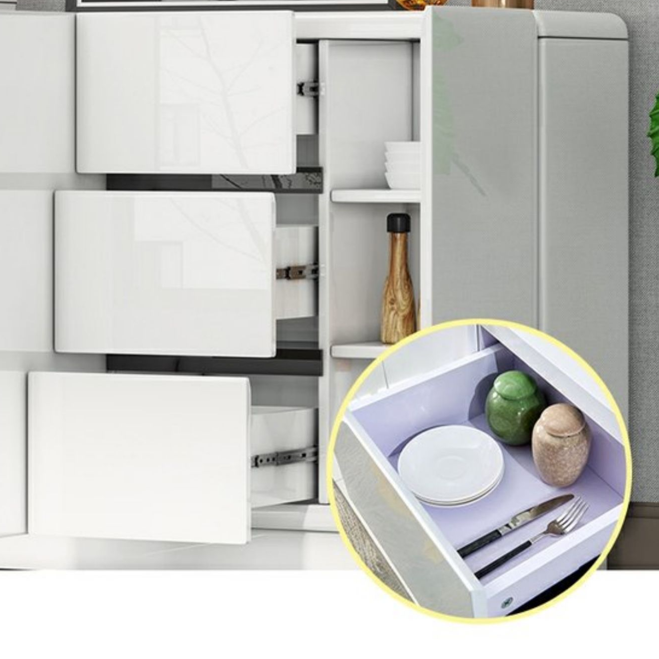 White Trendy Kitchen Storage with 3 Drawers, Standard/Narrow Size, Lumber Countertop, Variable Shelf, and Multiple Doors Options - image 11