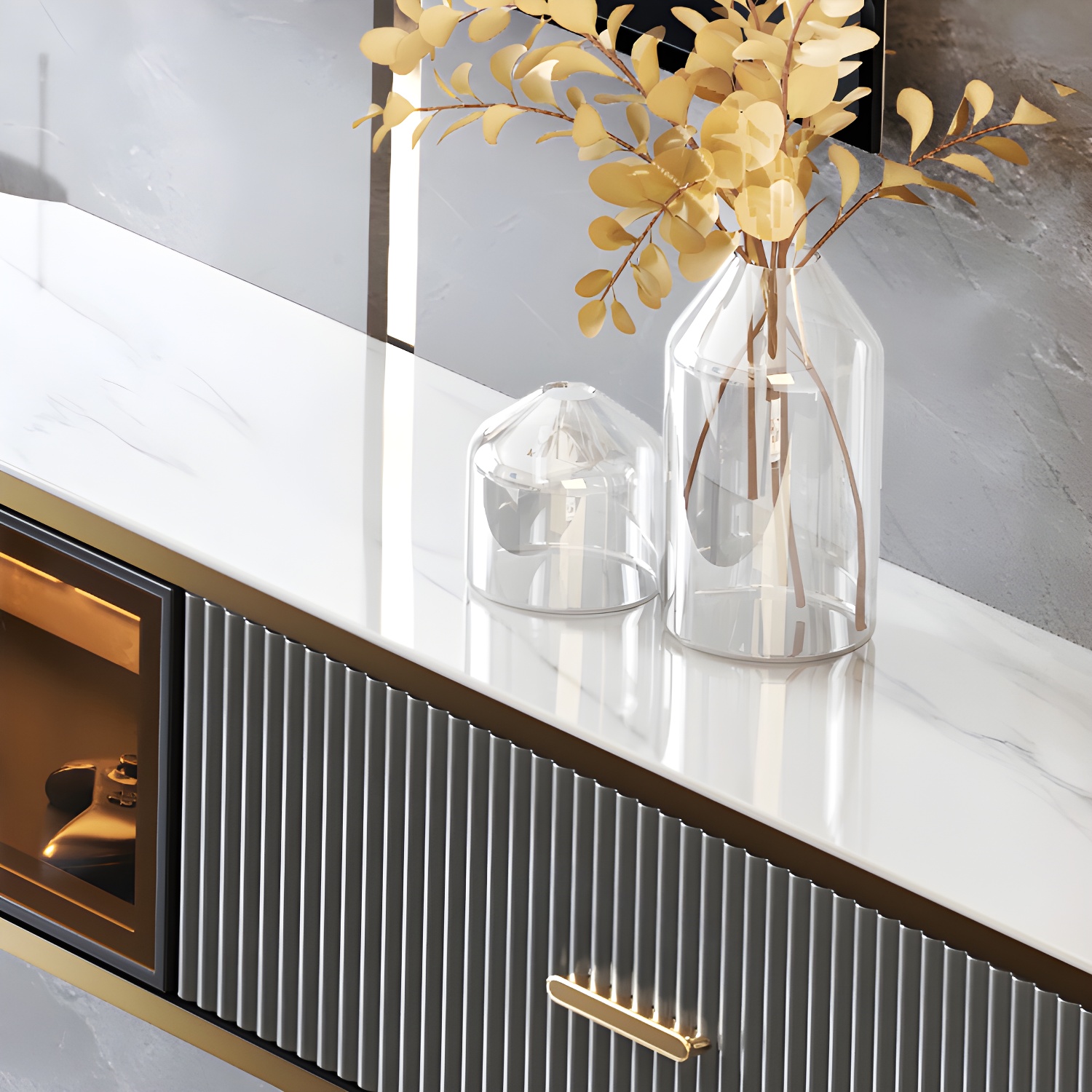 Glam Floating TV Media Stand with Drawers Stone and Wood TV Stand - image 12
