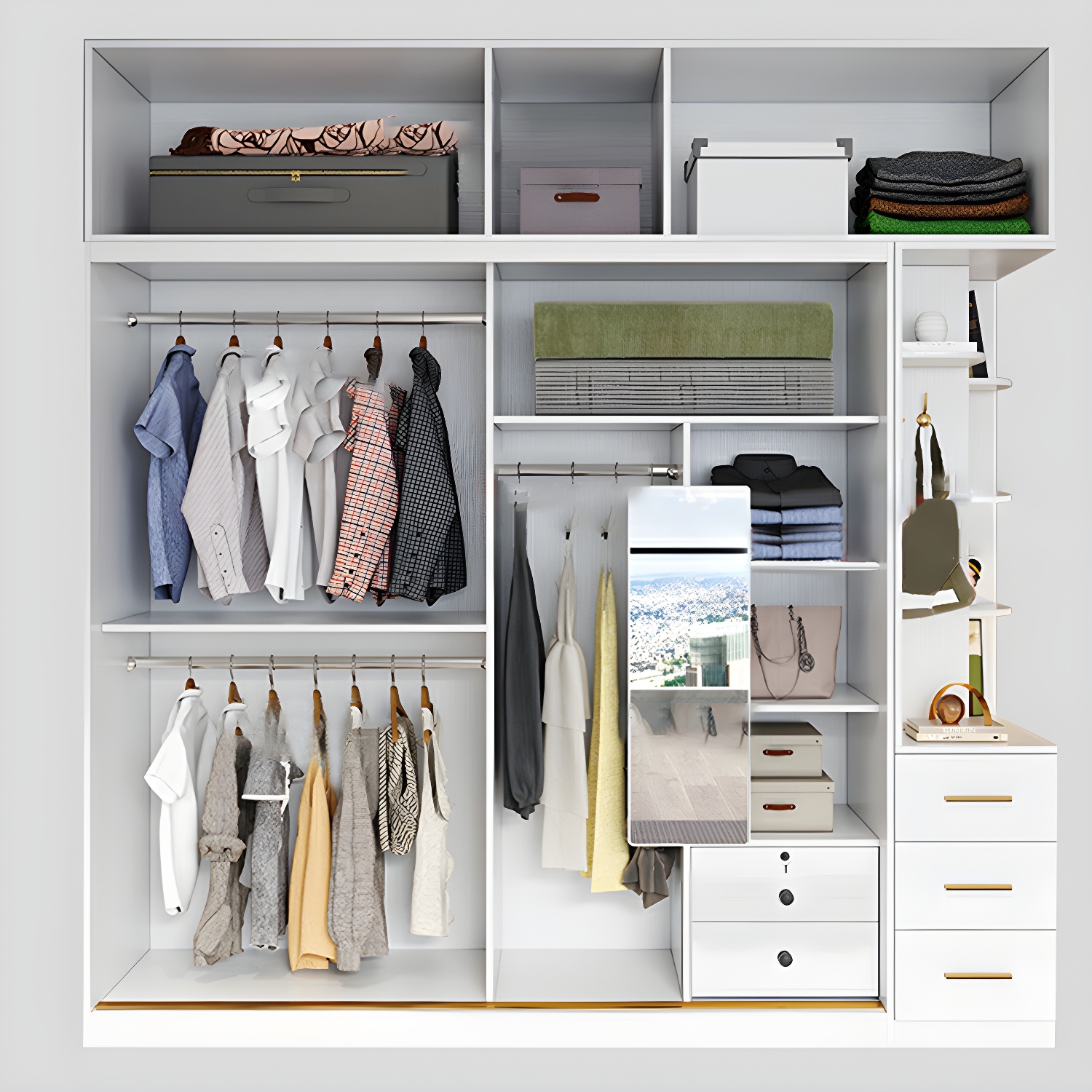 Modern White Wardrobe Armoire with Mirror, Drawers & Clothing Rod - image 4