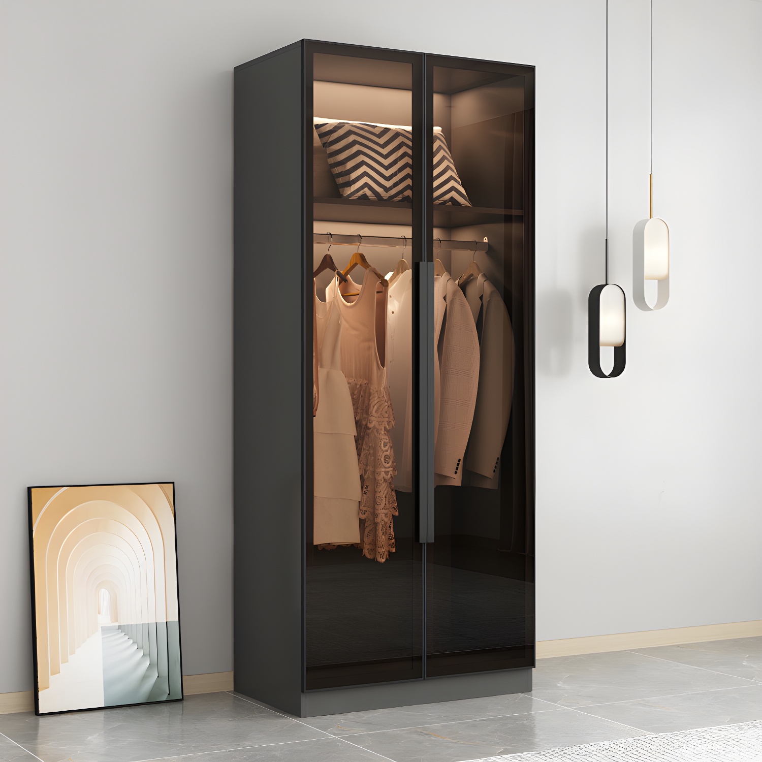 Freestanding Grey Wood Frame Wardrobe Modern Multifunctional Wardrobe with Glass Doors - image 3