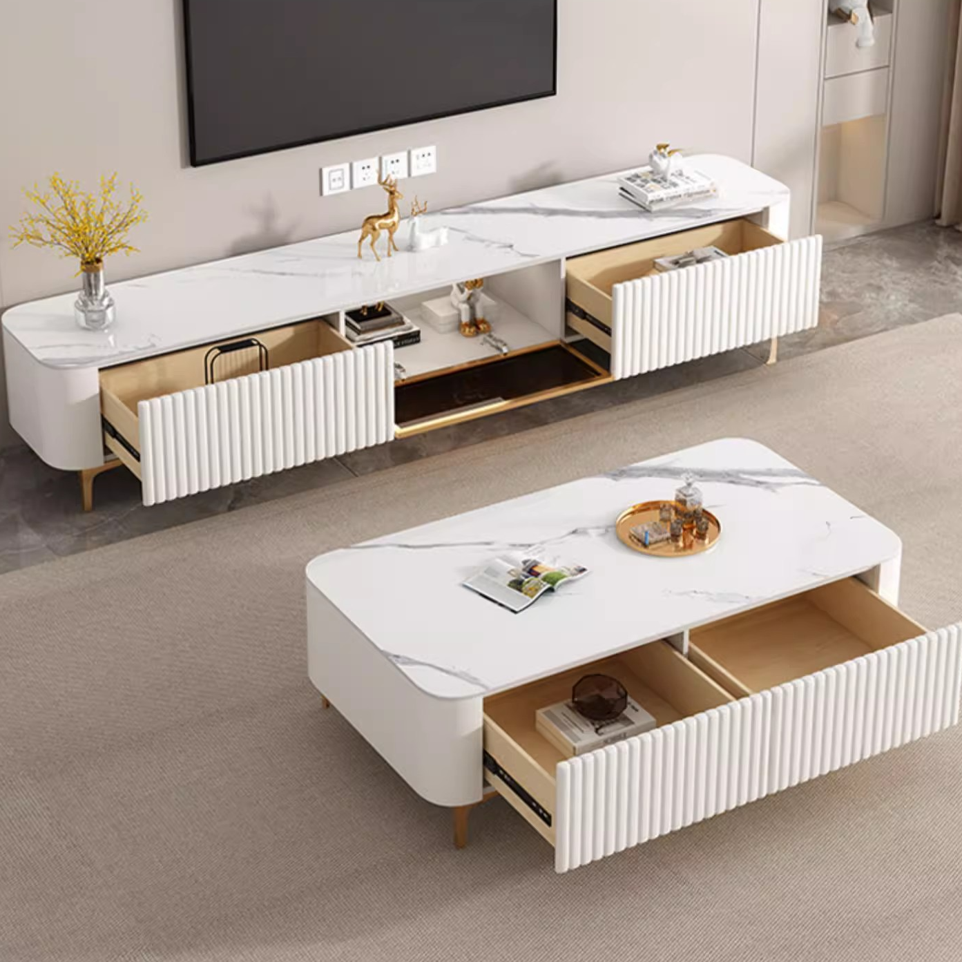 Simplistic Rectangular Vitreous TV Stand with Locker, Cable Management & 2 Drawers - image 14