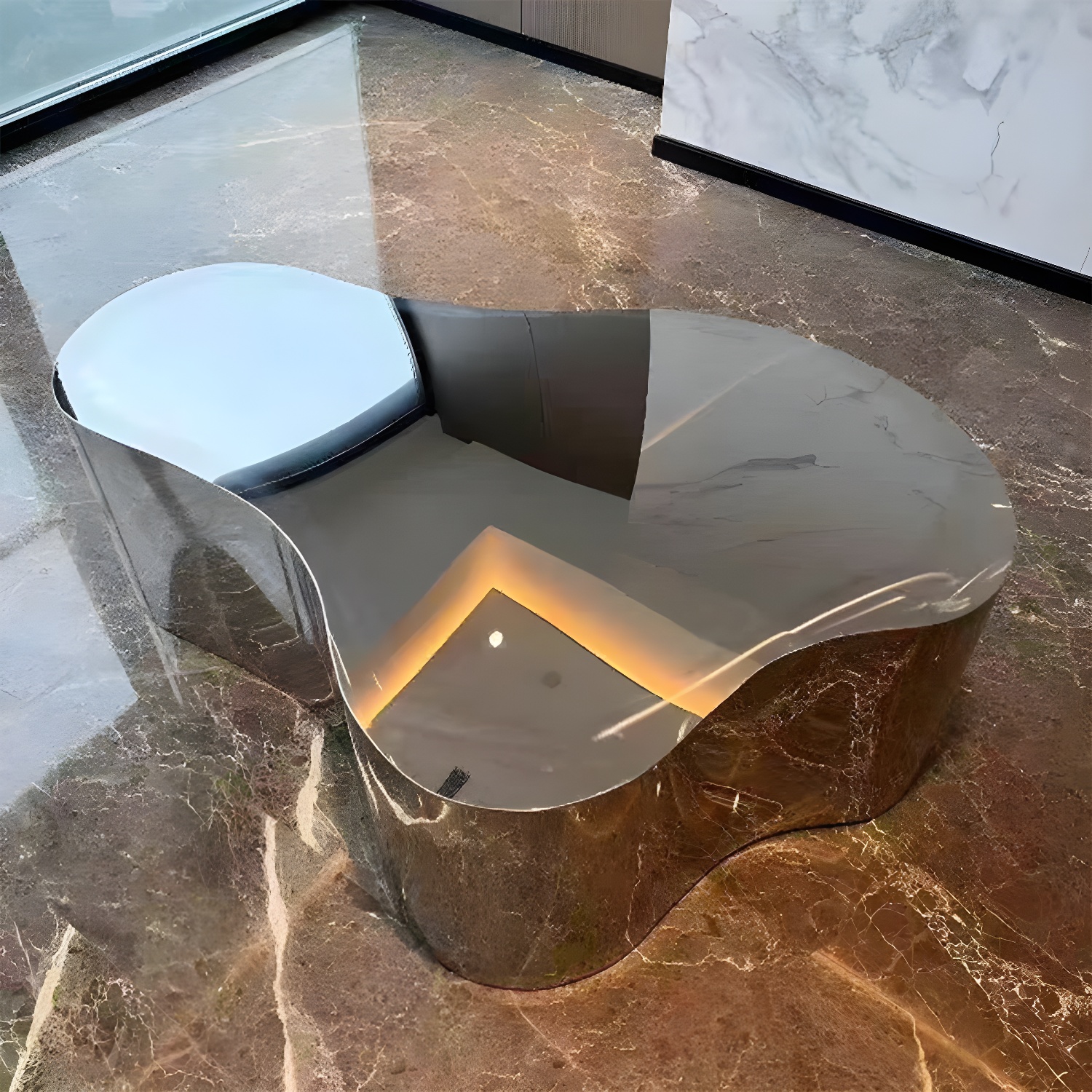 Silver Modern Coffee Table with Free Form Metal Top and Abstract Stainless Steel Base - image 4