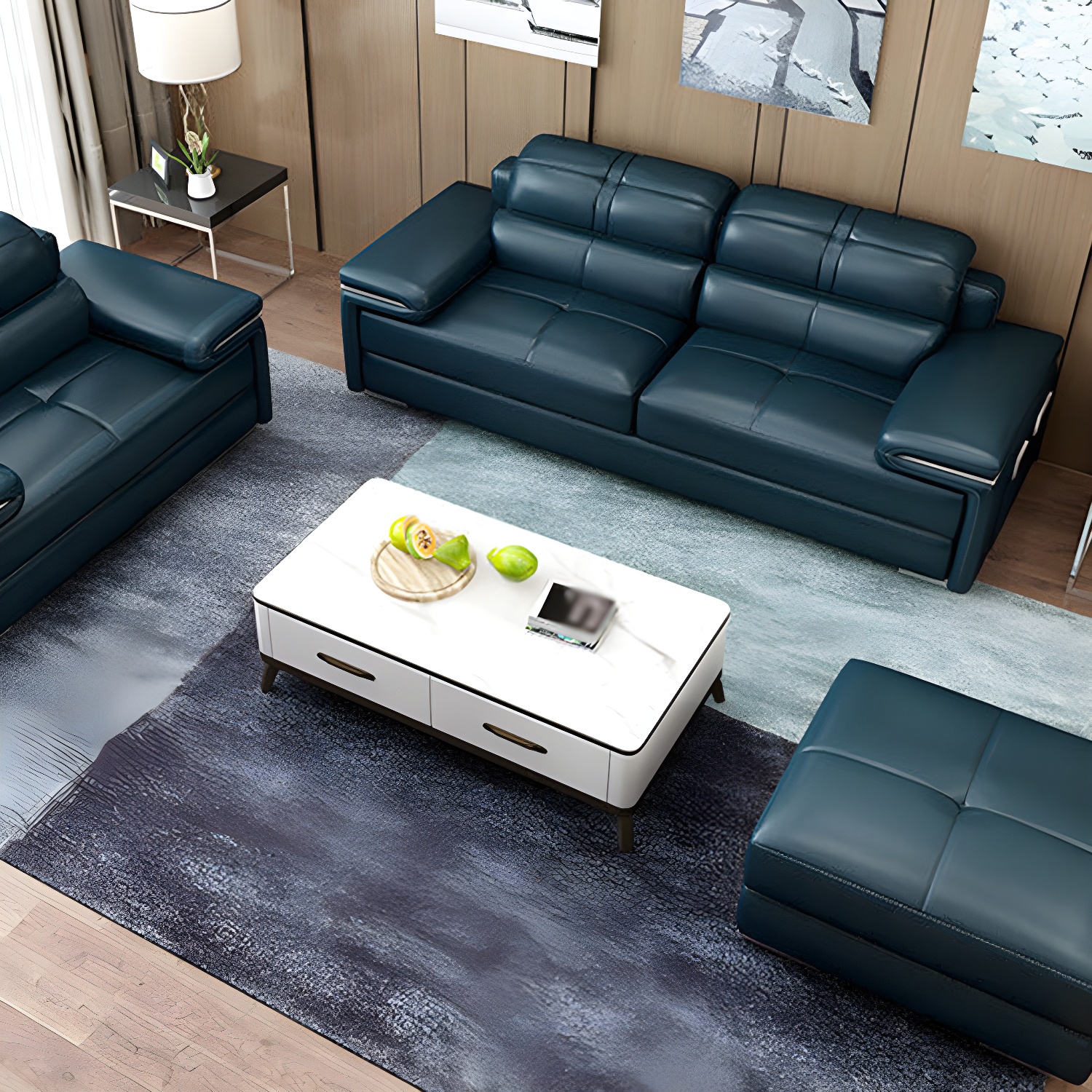 Genuine Leather Sectional 34.65"High Pillow Top Arm Sofa with Storage, Blue - image 3