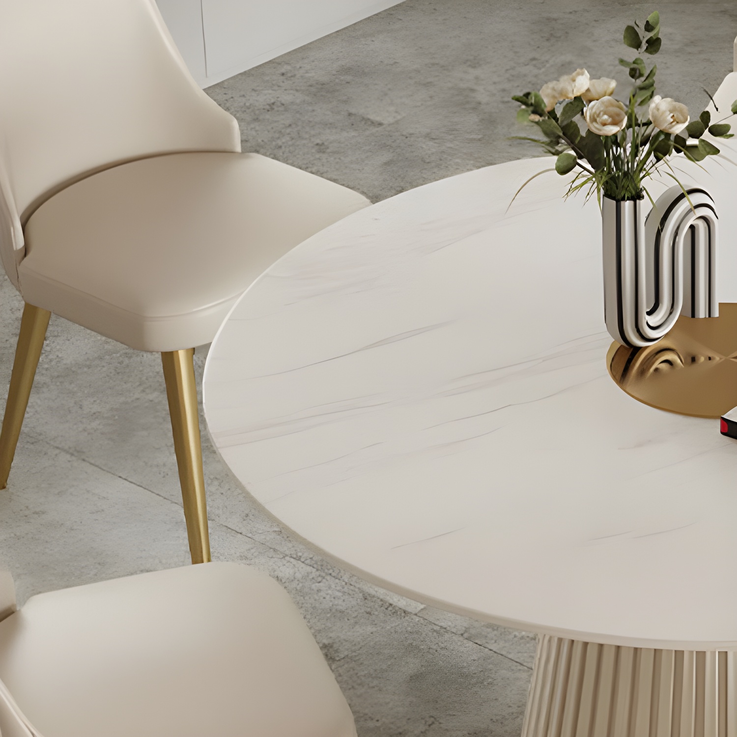 Stone Top Dining Table Round Table with Wood Pedestal Base in White - image 8