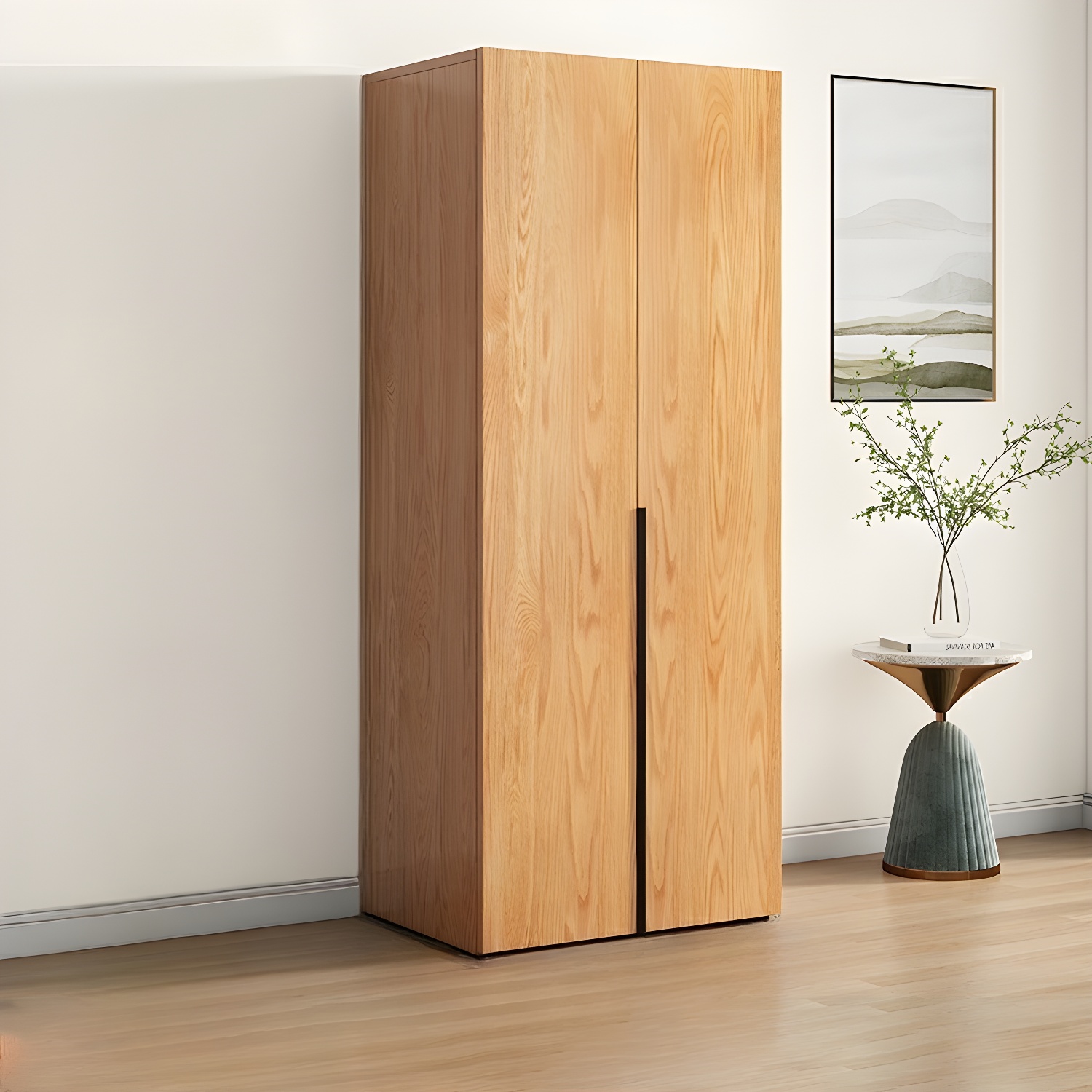 Modern Natural Wood Pine Armoire with Clothing Rod & Shelves