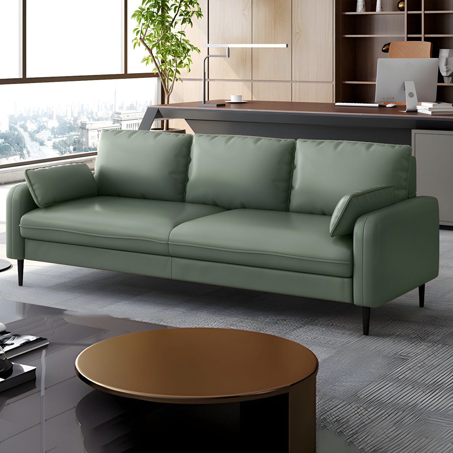 3-Seater Faux Leather Sofa Mid Century Loose Back Square Arm Settee