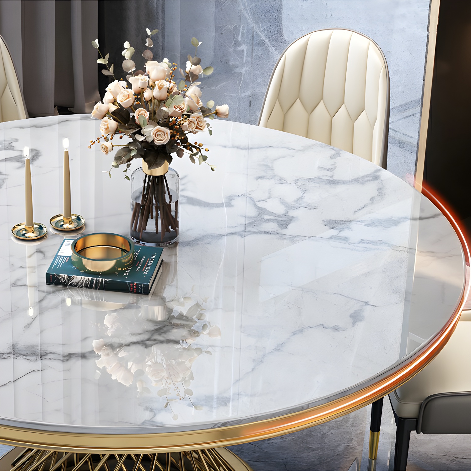 1/5/7/9 Pcs Dining Set with Round Marble Table and Padded Chairs - image 7