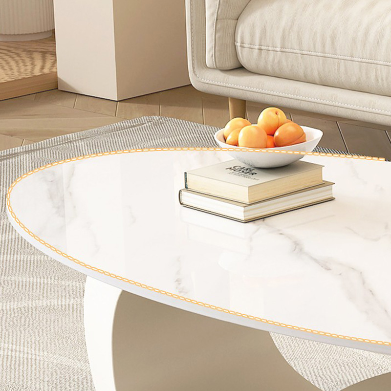 Oval White Stone Modern Coffee Table with Metal Abstract Base - image 8