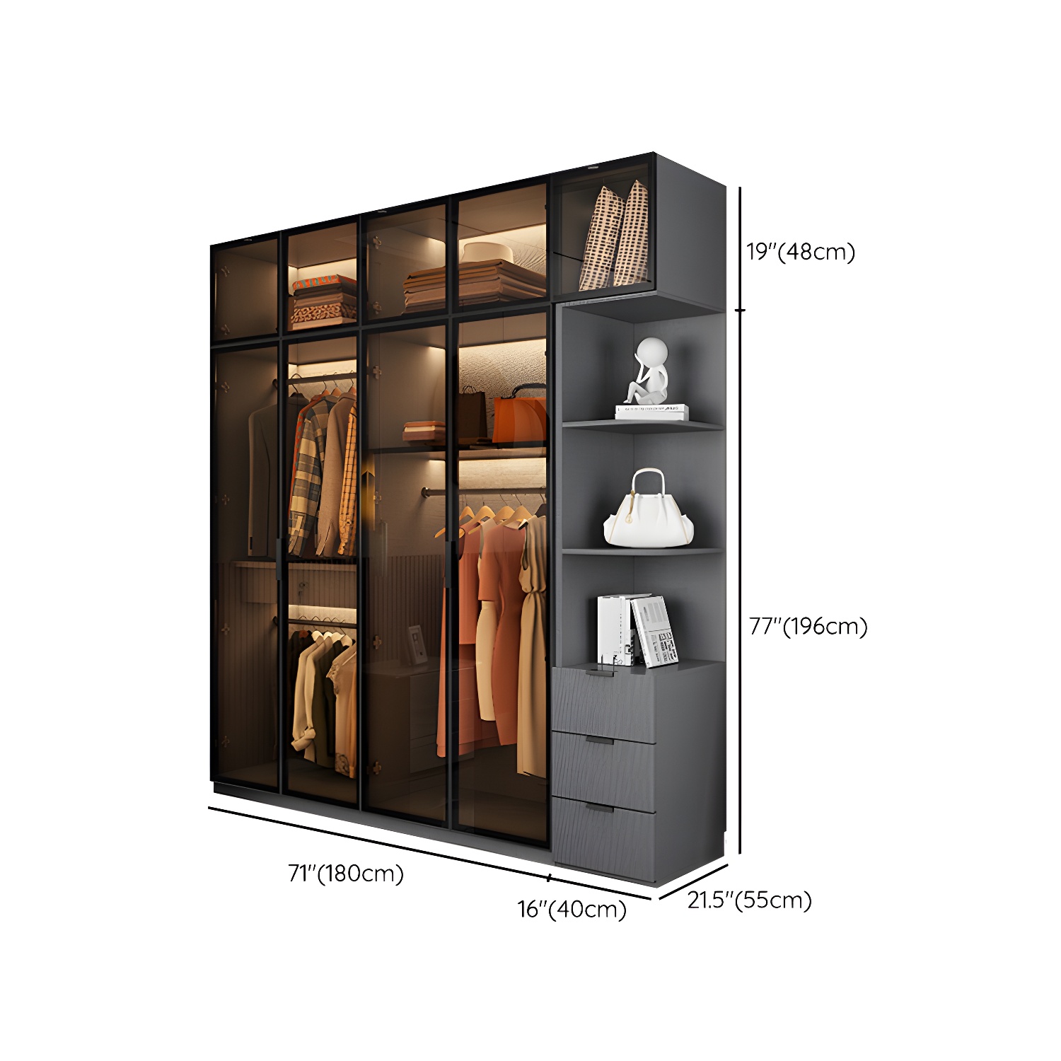 Modern Glass Wardrobe Cloth Rod Included Wardrobe Closet without Light - image 41