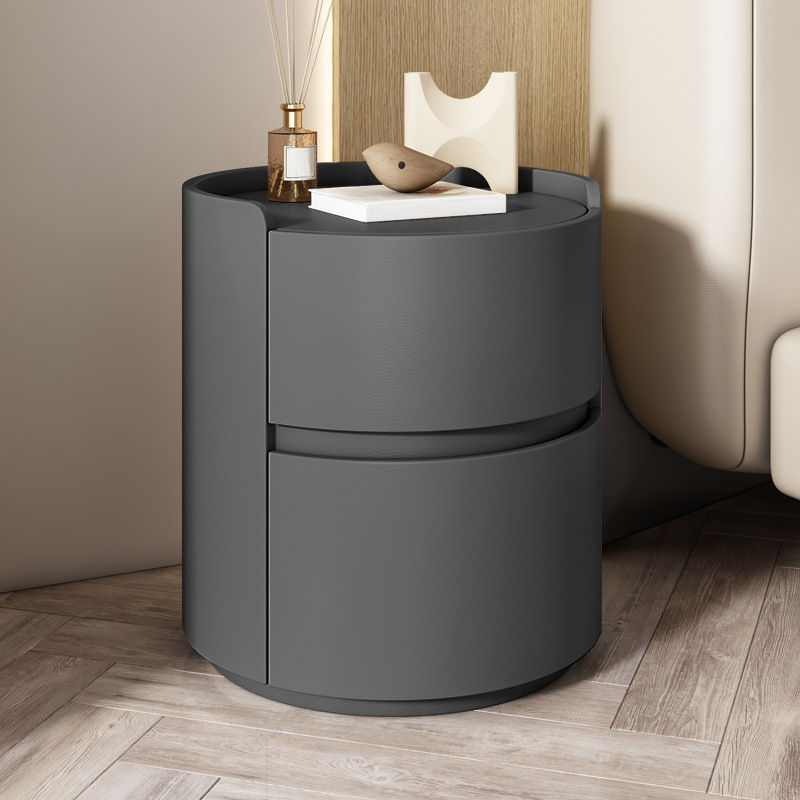 Scandinavian Round Nightstand with 2 Drawers and Synthetic Leather Countertop - image 4