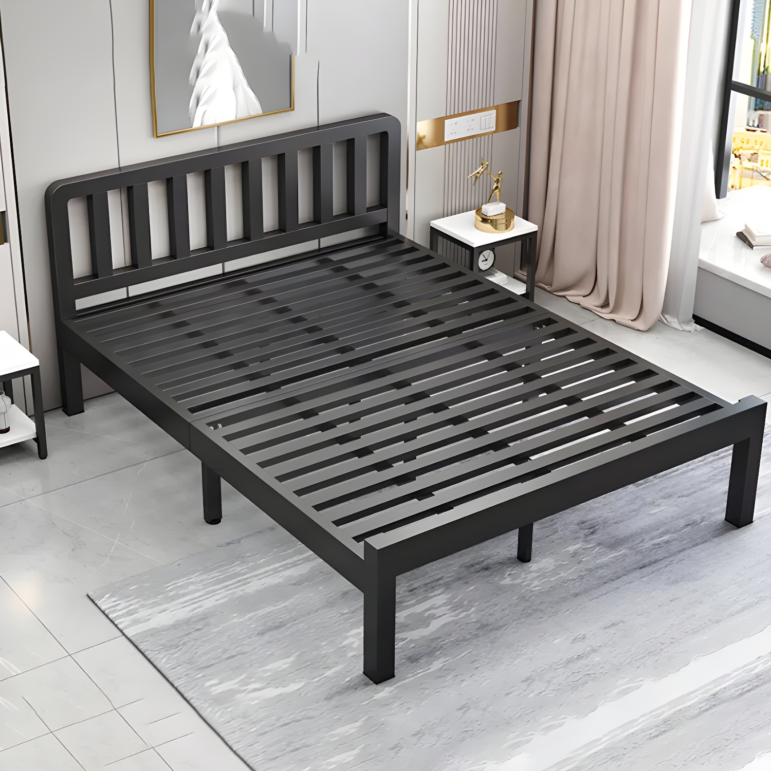 Contemporary Metal Bed Frame Solid Color Slat Bed with Custom Gold Legs - image 4