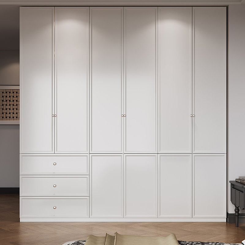White Minimalist Wooden Wardrobe Closet with 3-Drawer/6-Drawer, Soft Close Door, Interior Shelves, and Clothing Rod