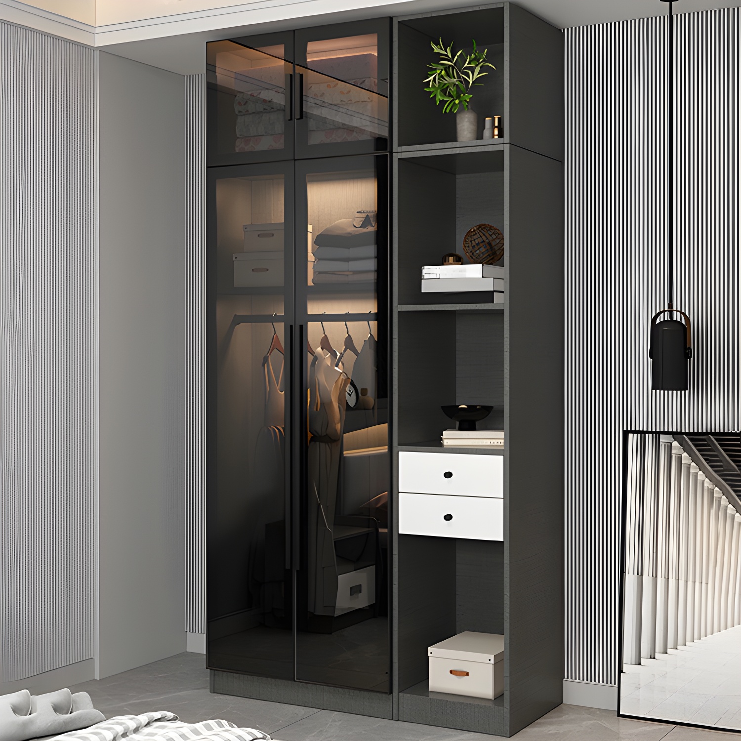 Contemporary Home Wardrobe Armoire Black Glass Wardrobe Cabinet