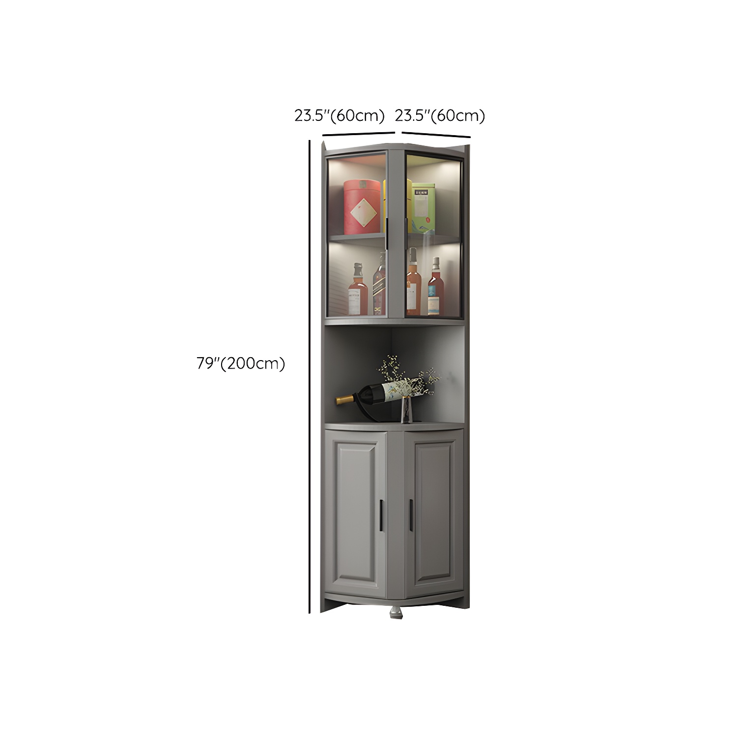 Modern Grey Corner Accent Cabinet with Glass Doors and 8 Interior Shelves - image 12