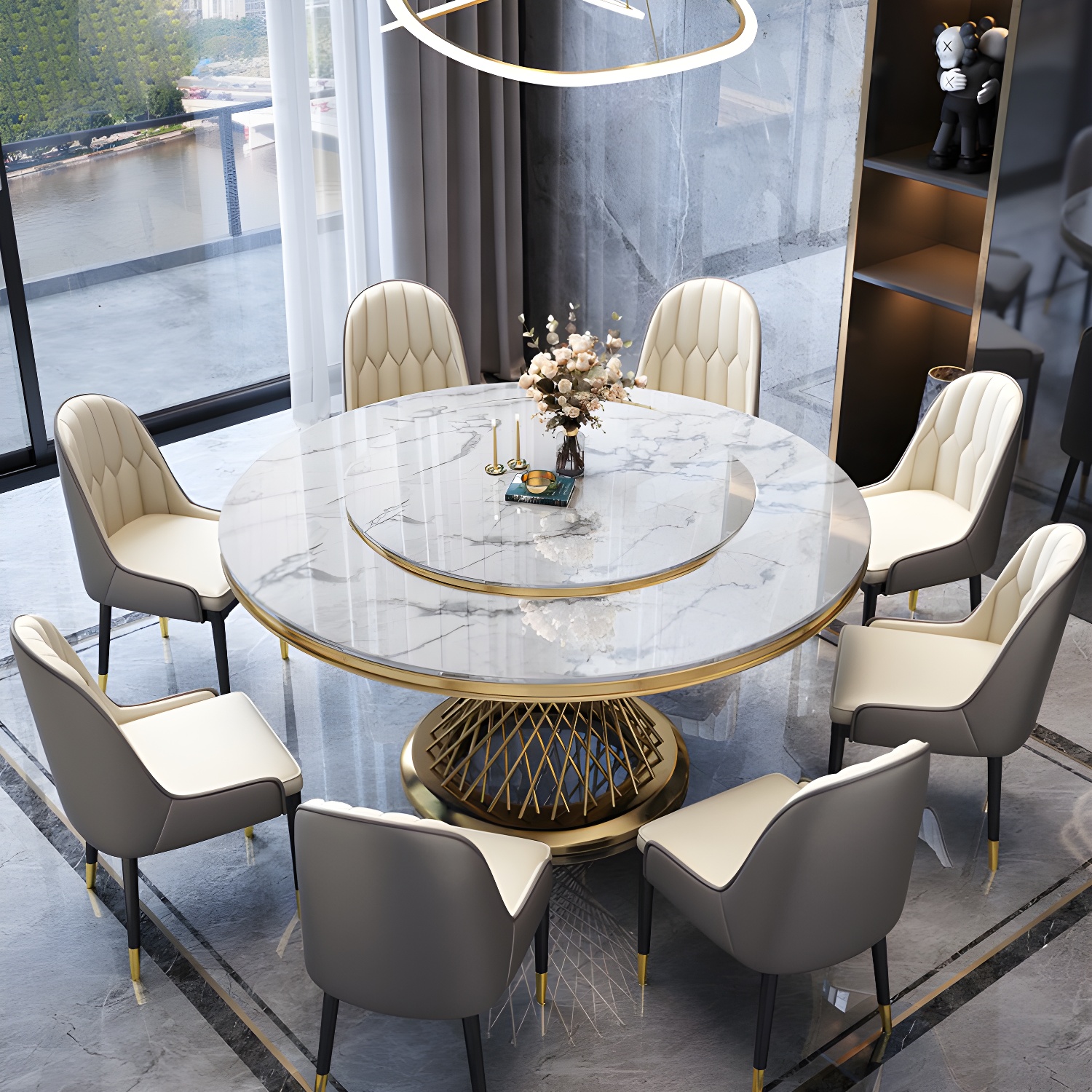 1/5/7/9 Pcs Dining Set with Round Marble Table and Padded Chairs