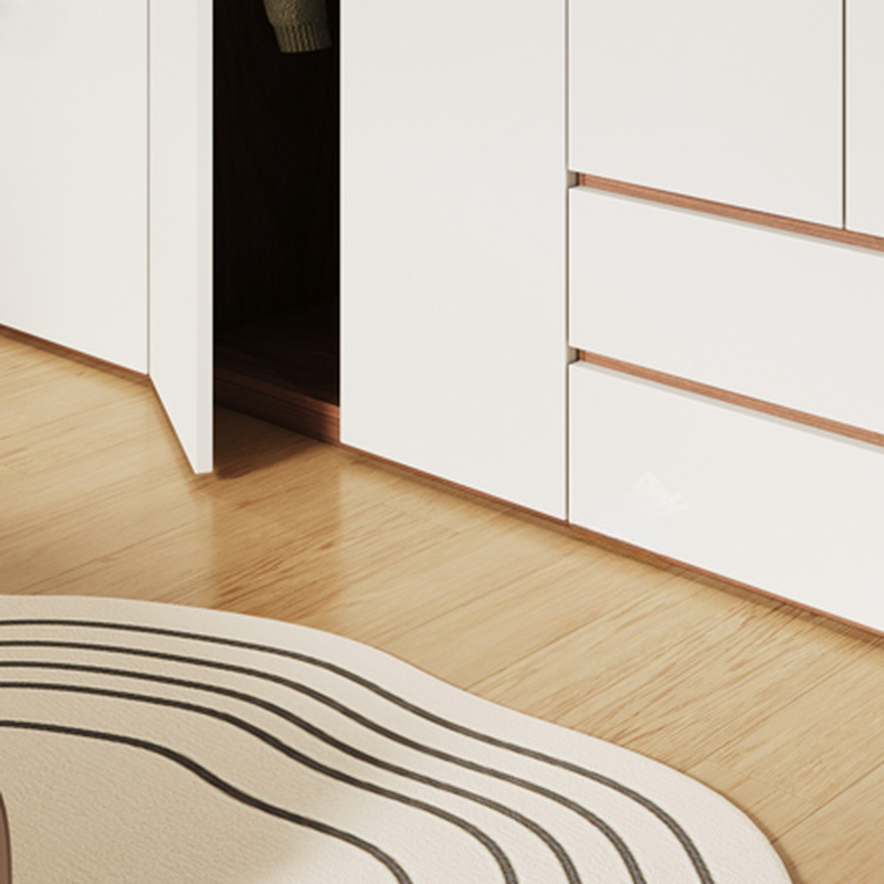 White Minimalist Manufactured Wood Wardrobe Closet with Soft Close Drawer, Soft Close Door, Interior Shelves, and Clothing Rod