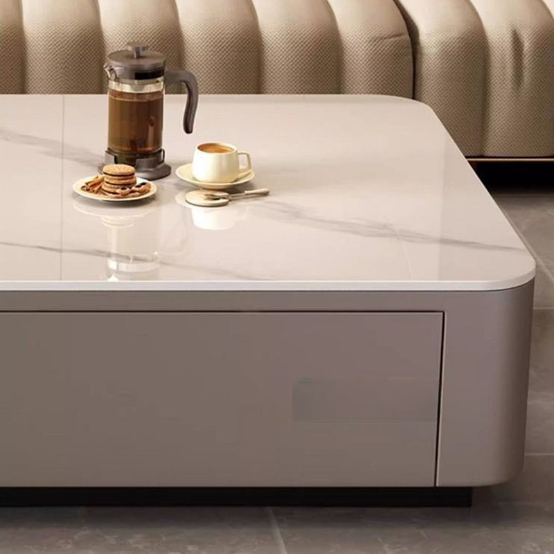Contemporary Design Single Set Geometric Figure Rock Top Board Game Coffee Table with Block Base in Gray/Chalk and 2 Drawers - image 9