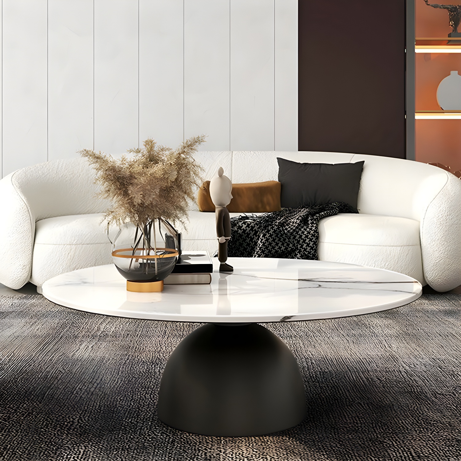 Round Stone Glam Coffee Table with Pedestal Iron Base and Built-in Storage - image 16
