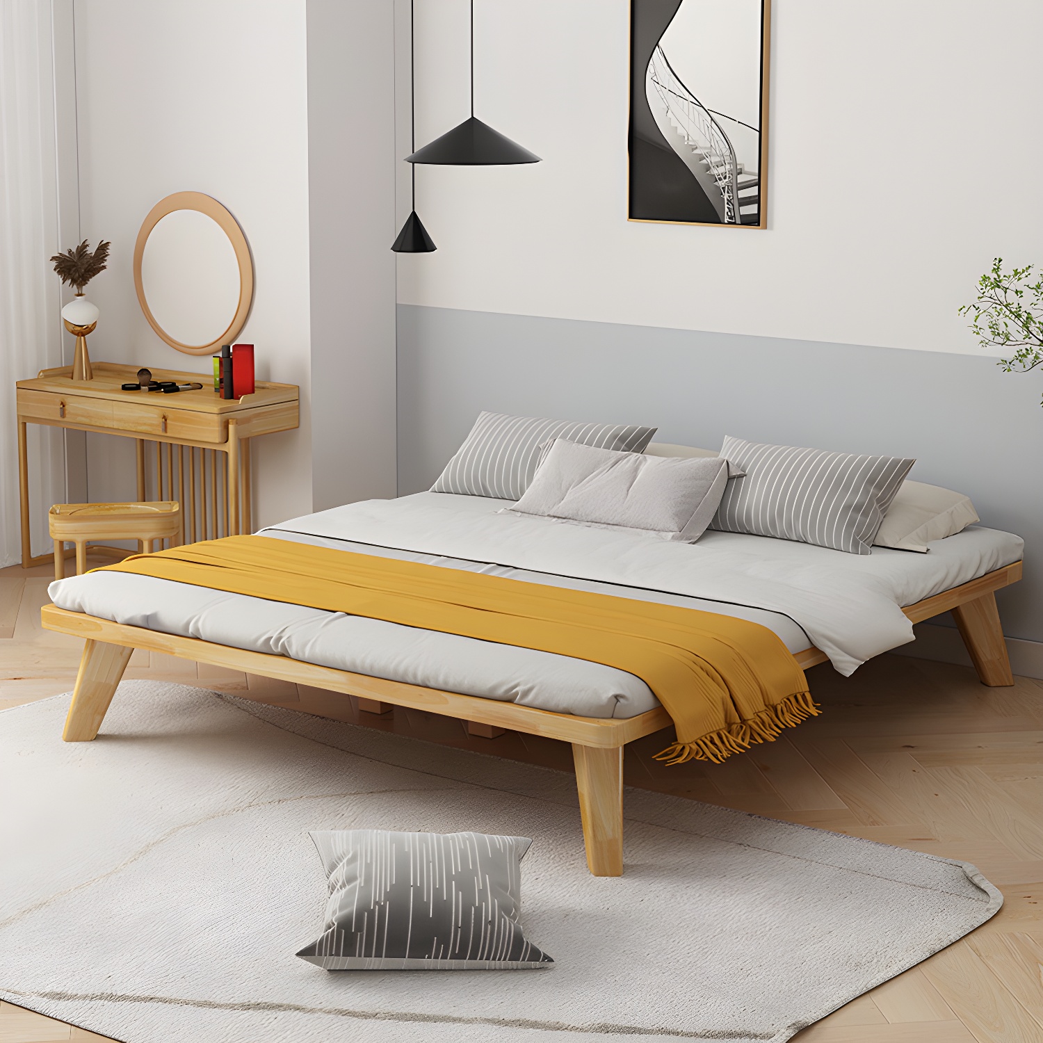 Natural Upholstered Wooden Bed Frame Nordic 13.39" H Platform Bed - image 3
